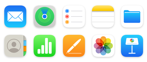 Collection of icons for apps available on iCloud.com, including Mail, Find My, and Reminders